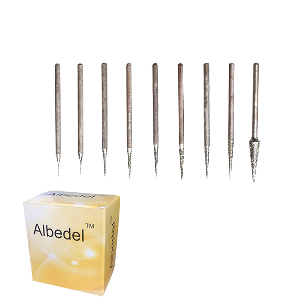 Albedel 9 pcs Diamond Burr Engraving Pointed Needle Bits Grinding Mounted Point Carving Polishing for Rotary Tool Replacement (0.5~4 mm)