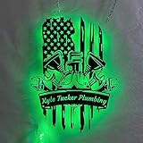 CALCCI Custom Text Metal Sign - Custom US Flag Plumbing Tool Metal Wall Art LED Light Personalized American Plumber Name Sign Home Decor Repair Service Decoration Repairman, Black