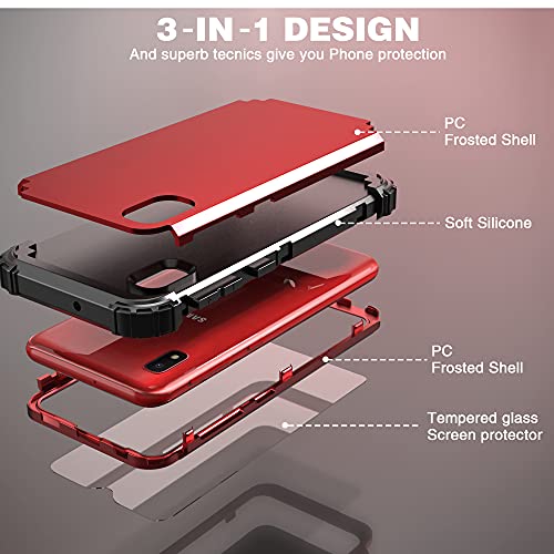 Idweel Galaxy A10E Case With Tempered Glass Screen Protector, Galaxy A10E, Hybrid 3 In 1 Shockproof Slim Heavy Duty Protection Hard Pc Cover Soft Silicone Rugged Bumper Full Body Cover, Red #TOP4