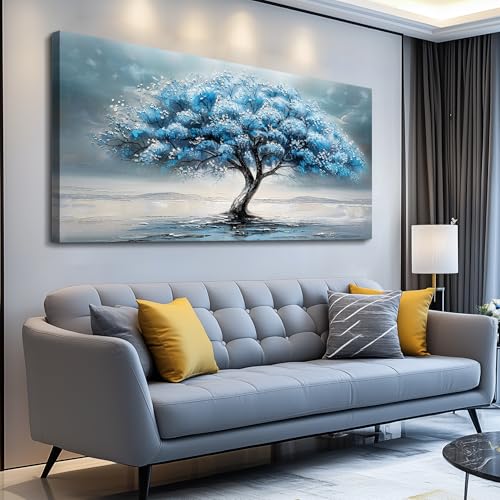 FUHAIHUA Farmhouse Wall Decor For Living Room Large Canvas Wall Art For Bedroom Office Decorations Blue Tree Paintings Abstract Wall Pictures Artworks Ready To Hang Home Decor Mural Art 24"X48"