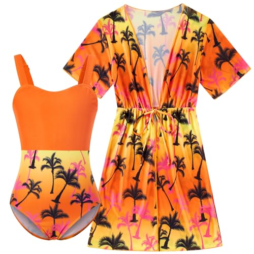 Image of Funnycokid Girls Bathing Suits One Piece Swimsuit with Cover Up Kids Swim Suit Size 8-16
