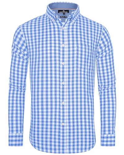 J.VER Herren Hemd Blau Kariert Oberhemden Langarm Bügelfrei Freizeithemd Button Down Baumwolle Hemden Oktoberfest Shirt mit Tasche,Blau Weiß,M