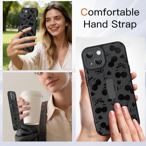 ZIYE for iPhone 15 Case with Finger Strap Holder, Cute Cherry Bowknot Bow Flower Pattern Design for Women Girls, Shockproof Anti Scratch Hand Kickstand Protective Cover, Gray by ZIYE - Image 3