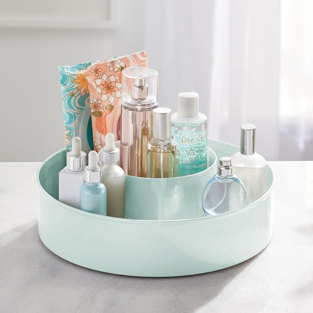 mDesign Plastic Spinning Lazy Susan Round Turntable Storage Tray - Rotating Organizer for Makeup, Cosmetics, Nail Polish, Vitamins, Shaving Kits, Hair Spray, Medical Supplies, First Aid - Mint Green