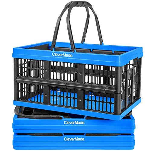 CleverMade Collapsible Plastic Grocery Shopping Baskets: Small Folding Stackable Storage Containers/Bins with Handles