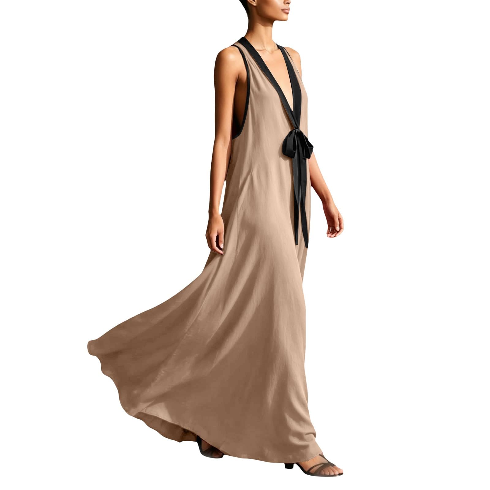 Robe d'été légère pour femme - Robe longue en mousseline - Dos nu - Robe tunique avec nœud - Élégante - Couleur unie - Épaules dénudées - Avec poches - Col en V - Robe de vacances et plage