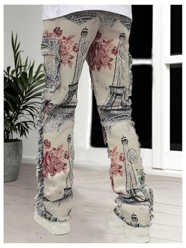 WDIRARA Men's Butterfly Floral Cargo Pants Frayed Trim Flap Pockets Pants Streetwear2