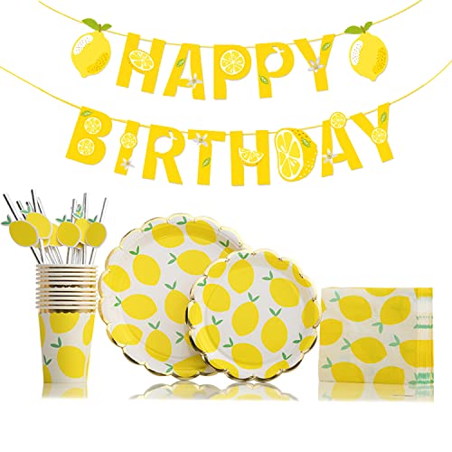 YiiiGoood Lemon Party Dekoration Gelbe Geburtstag Girlande, 10 Pappteller, 10 Pappbecher, 25 Serviette, 10 Zitrone Strohhalme Kindergeburtstag Partygeschirr Deko Gelb