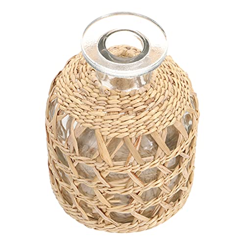 Housoutil 1Pc Flower Wicker Vase, Round Decorative Glass Flower Vase With Rattan Cover, Glass Vase Container With Woven Straw For Floral Arrangements Housewarming Wedding Party Decor 4.45X3.15In. #TOP26