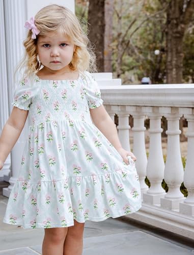 Toddler Baby Girls Summer Floral Dress Kids Puff Sleeve Square Neck Smocked Flowy Sun Dresses 2-8 Years4