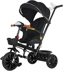 Carrinho Triciclo Multifuncional 2 em 1 Infantil Kidino com Luz e Som, Alça de Empurrar, Cesta e Guarda-Sol