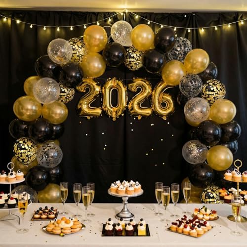 Image of Hiquaty Black and Gold Balloons,60pcs Black Balloons,12 Inch Gold Balloons,Black and Gold Confetti Balloons with Gold Ribbon for New Year Wedding Bridal Shower Party Decorations