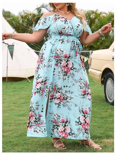 Image of Floerns Women's Plus Size Cold Shoulder Short Sleeve Split Thigh Long Dress