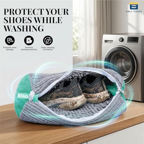 Image of Btag Reusable Shoe Laundry Bag for Washing Machine & Dryer | Plush Zippered Washing Pouch for Sneakers, Baby Items & Delicates (Grey) Pack of -2