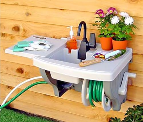 Outdoor Garden Sink with Hose Hook Up - White Potting Bench with Hose Holder - Outside Sink Station - Gardening Drinking Fountain - Sinks Table - Hand Washing Water Station with Hookup