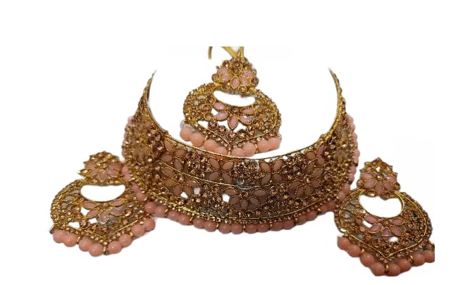 Silver Plated Traditional Kundan Stone Choker Necklace Jewellery Set With Earring & Maang Tikka for Women (IJ377Z) (Silver)