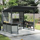 Domi 9x10 FT Grill Gazebo Hardtop, Outdoor BBQ Gazebo with Galvanized Steel Metal Roof, Permanent Grill Canopy with Storage Shelves & Expansion Platform for Patio Backyard Lawn Garden,Grey