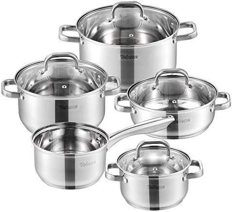 Velaze Cookware Set, Series Arthus, 10-Piece Stainless Steel Pot & Pan Sets, Induction Safe, Saucepan, Casserole with Glass lid,Steamer,Frypan (Set of 10)