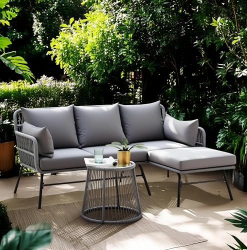 Bezseller 3-Piece Outdoor Patio Furniture Set, L-Shaped Rattan Sectional Sofa with Thick Cushions, Glass Coffee Table – All-Weather Conversation Set for Backyard, Porch, Poolside