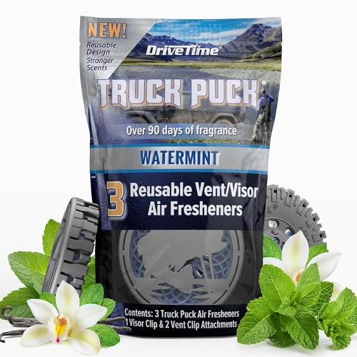 Image of Drive Time Truck Puck Watermint Fragrancee Car Air Freshener - Long-Lasting Car Deodorizer, Refillable Vent & Visor Clip Auto Air Freshener for Car, Truck & SUV, Premium Fragrance, Pack of 3
