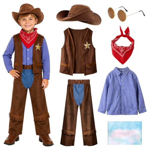 Disfraz Vaquero Niño Traje Infantil del Oeste con Sombrero 5-12 Años (120) | Set de 6 Piezas con Camisa, Chaleco, Pantalones, Sombrero, Pañuelo y Gafas. Ideal para Carnaval, Halloween y Fiestas