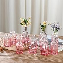 BFYDOAA Vintage Emboss Glass Vase Set of 12 Mini Colored Bud Vases Decorative Clear Small Bottle for Centerpiece,Wedding,Cafes,Table Pink