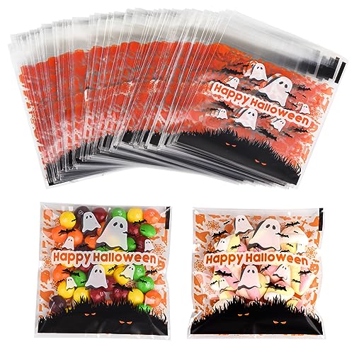 KUZIUA Halloween Cellophane Bags, 100PCS Clear Cellophane Treat Bags, Sealed Plastic Gift Bags with Adhesive Closure for Snack, Cookie & Candies, Halloween Party Supplies, 3.9x3.9 Inches