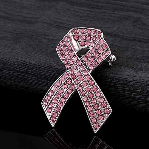 Jewelrypal Breast Cancer Awareness Pink Synthetic Crystal Ribbon Brooch Pin For Women Ladies Dresses #TOP2