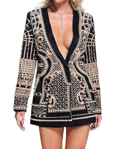 BELLA BARNETT Printed Blazer Dress for Women Blazer Dress Deep V Neck Women Blazer Long Sleeve Blazer Dress