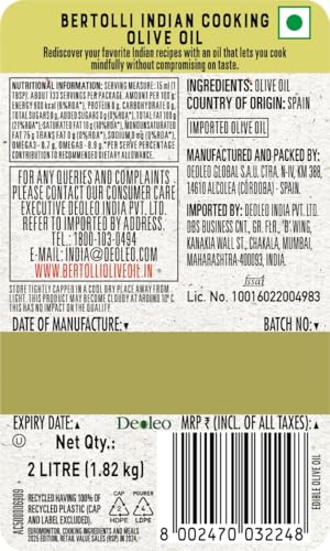 Image of Bertolli Indian Cooking Olive Oil 2L | 75% MUFA | Extra Light Taste, Suitable for High Heat Cooking, Frying & Roasting | World's No. 1 Olive Oil Brand