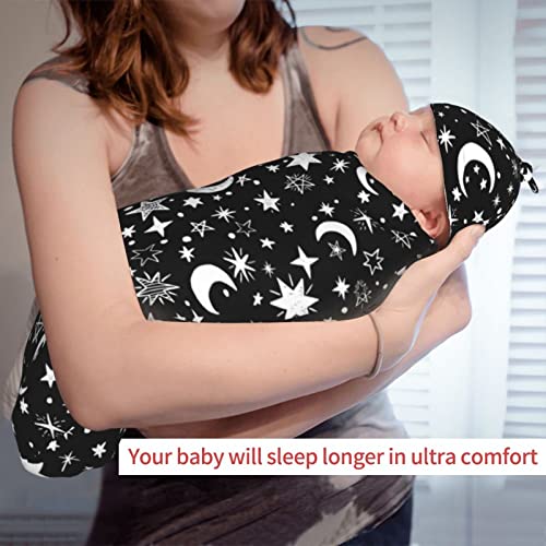 Image of Moon Star Baby Stuff Swaddle Blanket Wrap Baby Newborn Blanket Soft Stretchy With Hat Set Gift For Infant Boy Girl