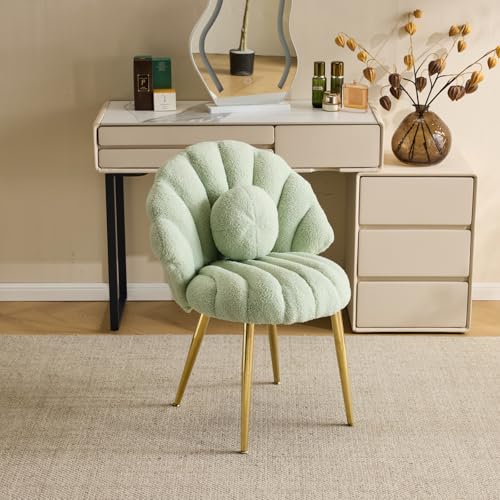 Bonnlo Armchair Accent Chair No Wheels Teddy Fleece Dressing Table Chair with Golden Legs for Vanity Shell-Shaped Desk Chair with Cute Small Pearl Deco Pillow for Bedroom/Living room Green