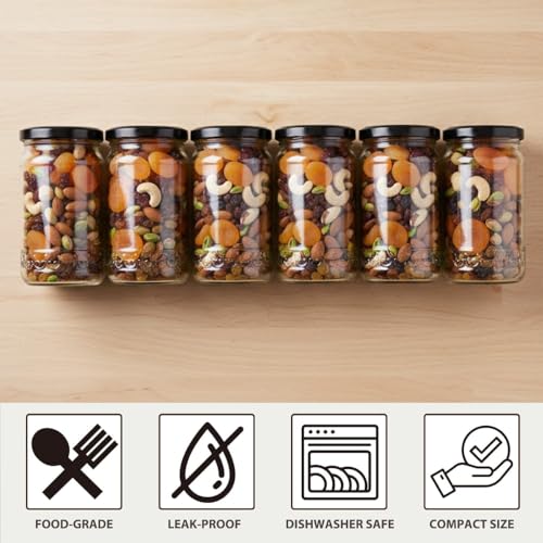 Image of Glassbunny 300 gm Transparent Glass Jar With Air Tight Black-Lid for Kitchen Dried Masala Storage, Honey, Spice Container, Visible Storage Pack of 12