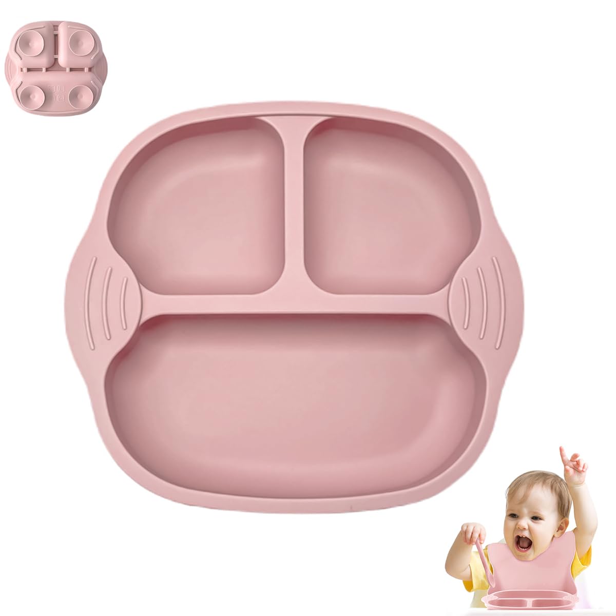 SNOWIE SOFT® Food Plate Silicone BPA Free Baby Food Plate, Anti Flip Over Silicone Food Plate with Suction Cup, with Spoon & Baby Use Fork, Dish Washer Safe (Pink)-image-41