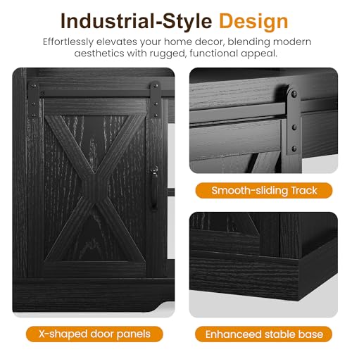 Image of RoyalCraft Farmhouse TV Stand with Sliding Barn Door for TVs up to 65+ Inch, 34 inch Tall Entertainment Center, Wood Media Console Storage Cabinet for Bedroom, Living Room, Black