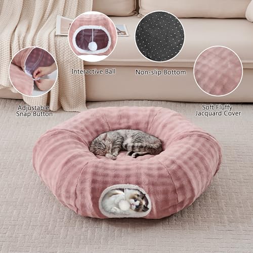 Image of Bubble Cat Tunnel for Indoor Cats, Round Peekaboo Cave Toy with Dangling Balls, Donut Tunnel Bed with Circle Mat for Puppy Kitten Rabbit, Dusty Pink