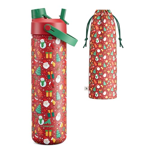 26 oz Christmas Insulated Water Bottle with 2-in-1 Straw and Spout Lid, Keep Cold 24H, Leak-Proof, Fits in Car Cup Holder, Stainless Steel Water Bottle for Gift, Party, Holiday (Santa's Jolly Crew)