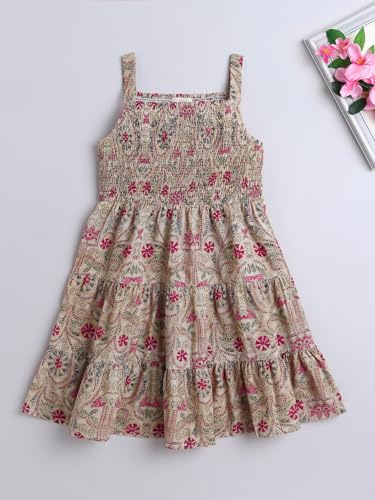 Image of The Magic Wand Kids Girls Printed Casual Dresses, Knee Length Singlet Strap Fit & Flared Cotton Once Piece Stylish Frocks for Summer Season
