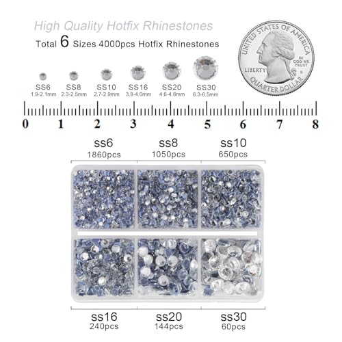 Image of BEADSLAND Hotfix Rhinestones, 4000 PCS Clear Rhinestones for Clothes Crafts Mixed 6 Sizes with Wax Pencil and Tweezers Kit, SS6-SS30, Crystal