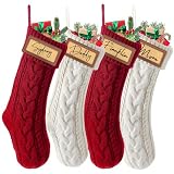 steo spce 4 Pack Personalized Christmas Stocking with Leather Patches Custom Name Family Christmas Stockings, 18.5” Large Knitted Xmas Stockings for Kids, Holiday and Fireplace Party Decoration