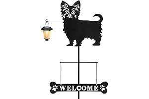 Solar Yorkie Silhouette Dog Breed Welcome Sign with a Lantern