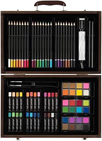COSTWAY 80 Piece Deluxe Art Set, Art School Creativity Drawing Kit for Beginners and Junior Artists, Includes a Portable Wooden Case, Perfect as Kids and Children Gift