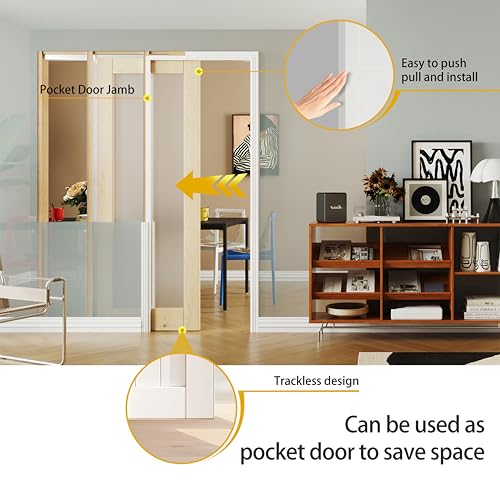Image of Pocket Door 28 inch x 80 inch, 1-Lite Frosted Glass Pantry Door Panel with Frame and Hardware Kit Set Plus Door Jamb, Single Interior & Closet Door Slab for Sliding Door, No Panel Assembly Required