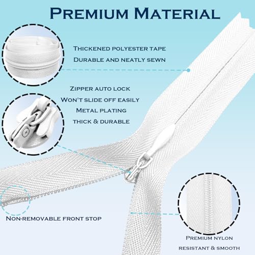 Image of ANPURZII 2PCS #3 20 Inch White Invisible Zippers for Sewing Skirts, Nylon Coil Bulk Zippers for Pocket, Pillow(White 20 inch 2PCS)