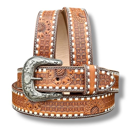 DANIEL'S ARTPLANET Western Leather Belt for Men Full Grain Leather Cowboy Belt with Buckle Engraved Tooled 1.5” Wide Handmade