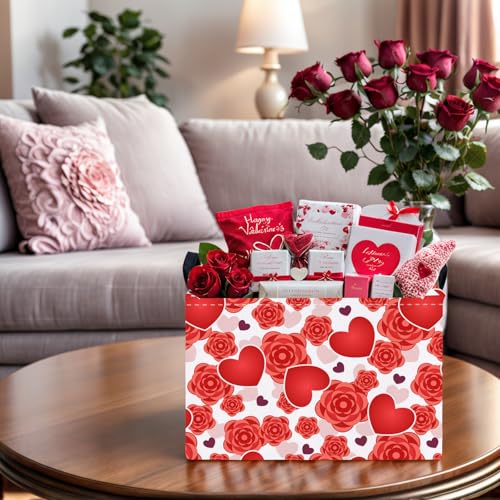 Image of Valentine's Day Basket for Gifts Empty Cute Heart Large Gift Basket Decorative Storage Bin for Kid and Baby Room Decor (Red Love Rose)