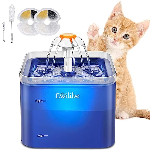Ewilibe Trinkbrunnen für Katze 2L Katzenbrunnen Leise Automatischer Wasserbrunnen BPA-frei Hunde Haustier Pet Water Fountain mit LED Nachtlicht und Aktivkohlefilter und 2 Reinigungsbürsten(Blau)