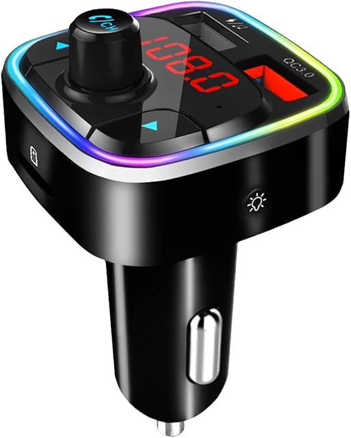 Bluetooth 5.0 Car FM Transmitter,QC3.0 Wireless Bluetooth Car Adapter Mp3 Music Player Car Kit with Hands-Free Calling and 2 USB Charge,LED Backlit,Play TF Card/USB for All Smartphones Audio Players