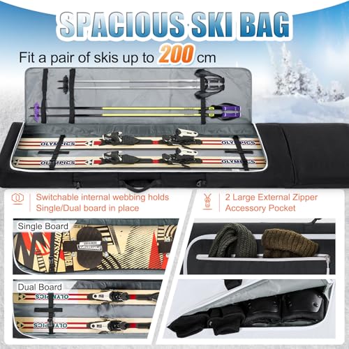 RAINSMORE Ski Bag and Boot Bag Combo 360°Fully Padded Ski Bags for Air Travel, Snowboard Bag Snow Ski Boot Bag Fit Skis Up to 200cm and Boots Up To Size US13, Water-Resistant Ski Boot Travel Bag