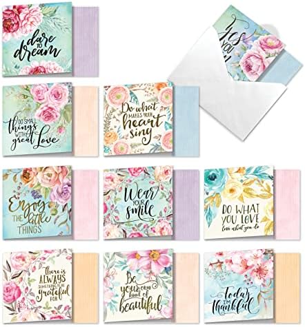 NobleWorks - Words of Encouragement - Assortment of 10 Blank Inspirational Friendship Cards with Envelopes (4.8 x 6.6 Inch) ACQ4979FRB-B1x10